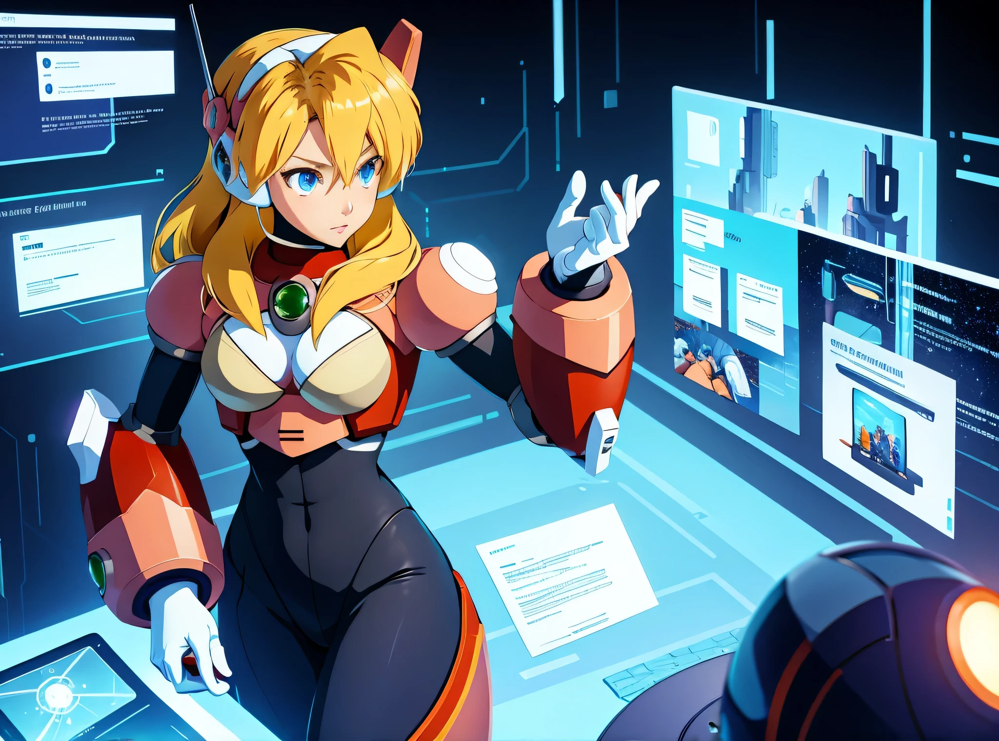 alia_megamanx, blurred dark background, 1girl, solo, breasts, blue eyes, blonde hair, android, long hair, robot ears, in the style of avian-themed, realistic yet stylized, villagecore, azure, orange and azure, dragoncore, aerial view, reference sheet, model sheet