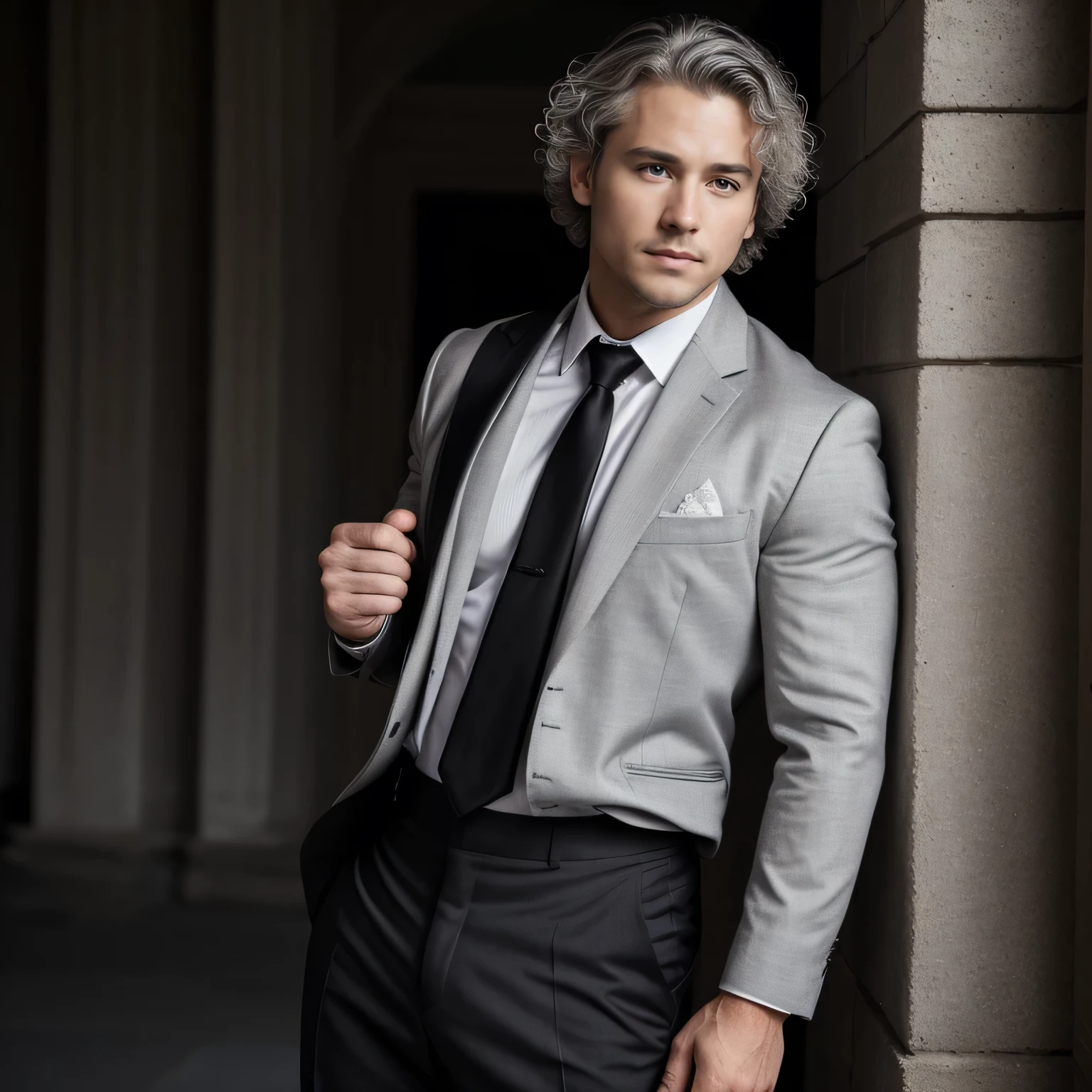 Image depicting a well-built man, alone, holding pistols in his hands, sporting a grayish silver hair with greenish-gray curly locks, short hairstyle. He is dressed in a black and gray social blouse with long pants, and black dress shoes. His expressions are serious with bright green eyes. The setting is an ancient ruin, with a black necktie accessorizing his attire. The photo is captured in a photorealistic, RAW style with a 1.4 aspect ratio, showcasing extreme complexity and ultra high resolution, bestowing a cinematic quality with side lighting and the best shadows.