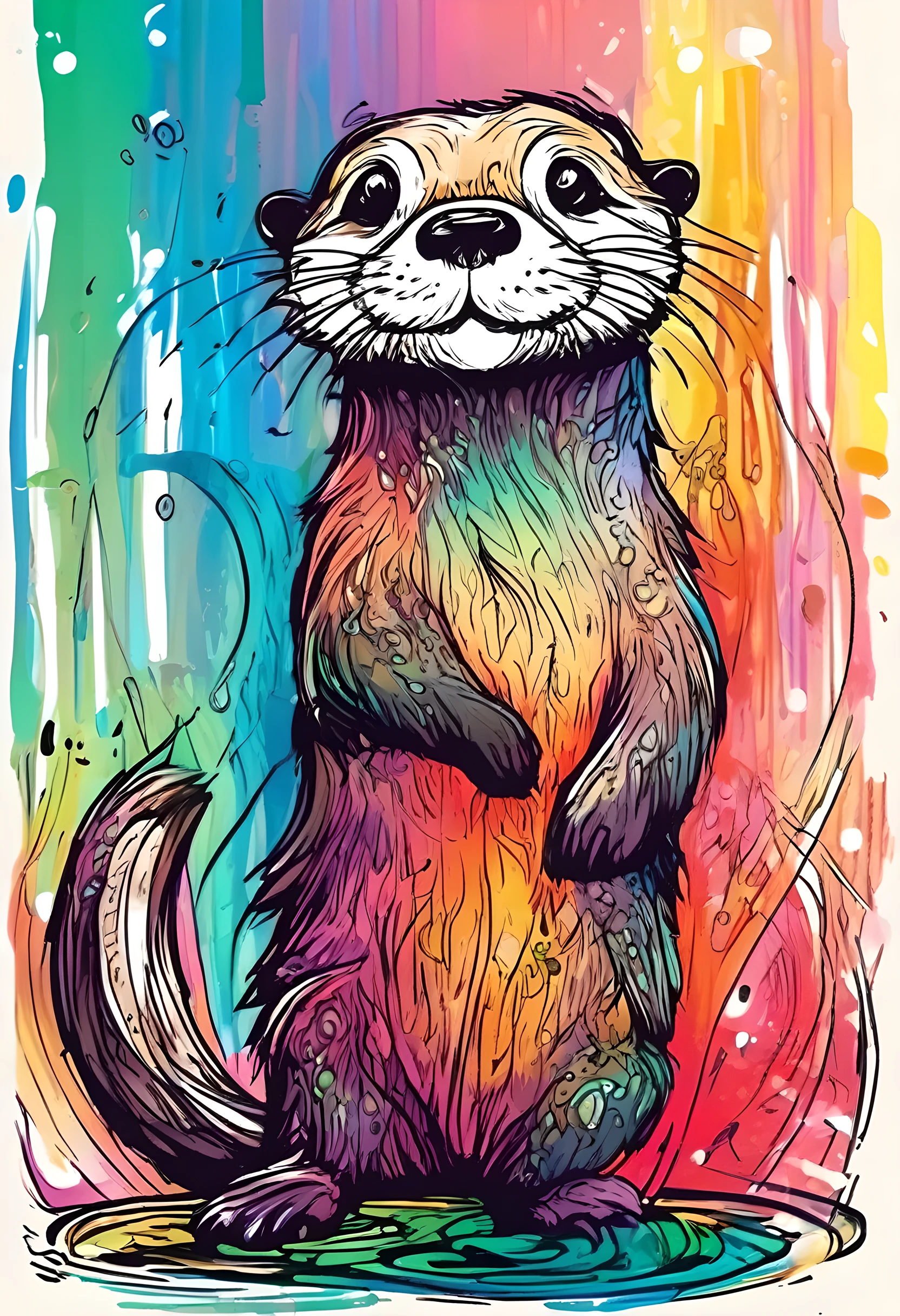 colorful doodle cartoon Otter, scribble, ink