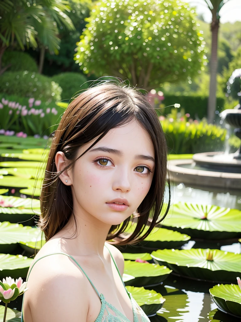 a girl in a garden,water lilies,green grass,butterflies,fountain,beautiful detailed eyes,beautiful detailed lips,extremely detailed eyes and face,long eyelashes,portrait,painterly effect,ultra-detailed,realistic,highres,anime,soft pastel colors,warm lighting
