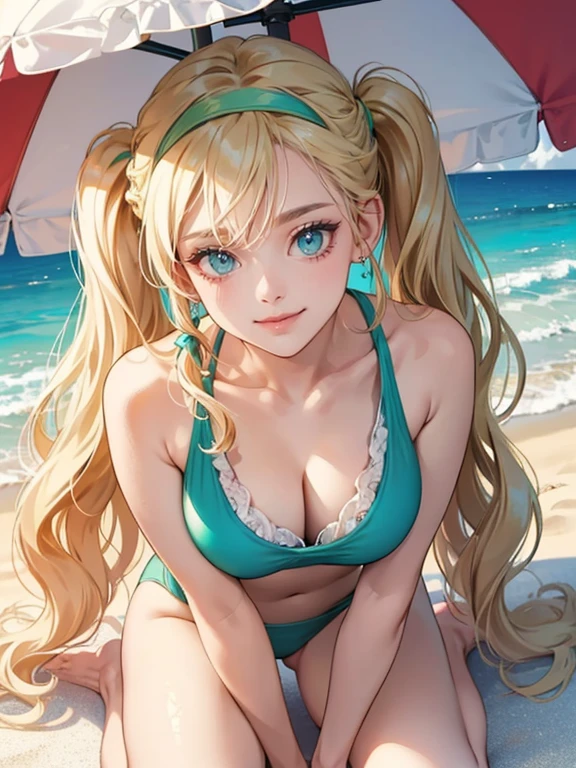 mature woman, medium breasts, ((pale blonde hair with bangs, long hair, wavy hair, low pigtails hairstyle, bright green eyes)), wearing aquamarine one piece vintage style swimsuit, white headband, innocent expression, winking, pink lips color, smiling happily at viewer, Surrealism, anime style, depth of field, 8k, super detail, high details, Cinematic lighting, close up face, hyper HD, Masterpiece, High details, detailed light, detailed shadow, detailed background, full body image, pose: sexy pose on beach blanket, holding a cup of expresso, cute cup, background: beach, red and white pattern beach umbrellas, blue sky, vintage vibe, vintage filter