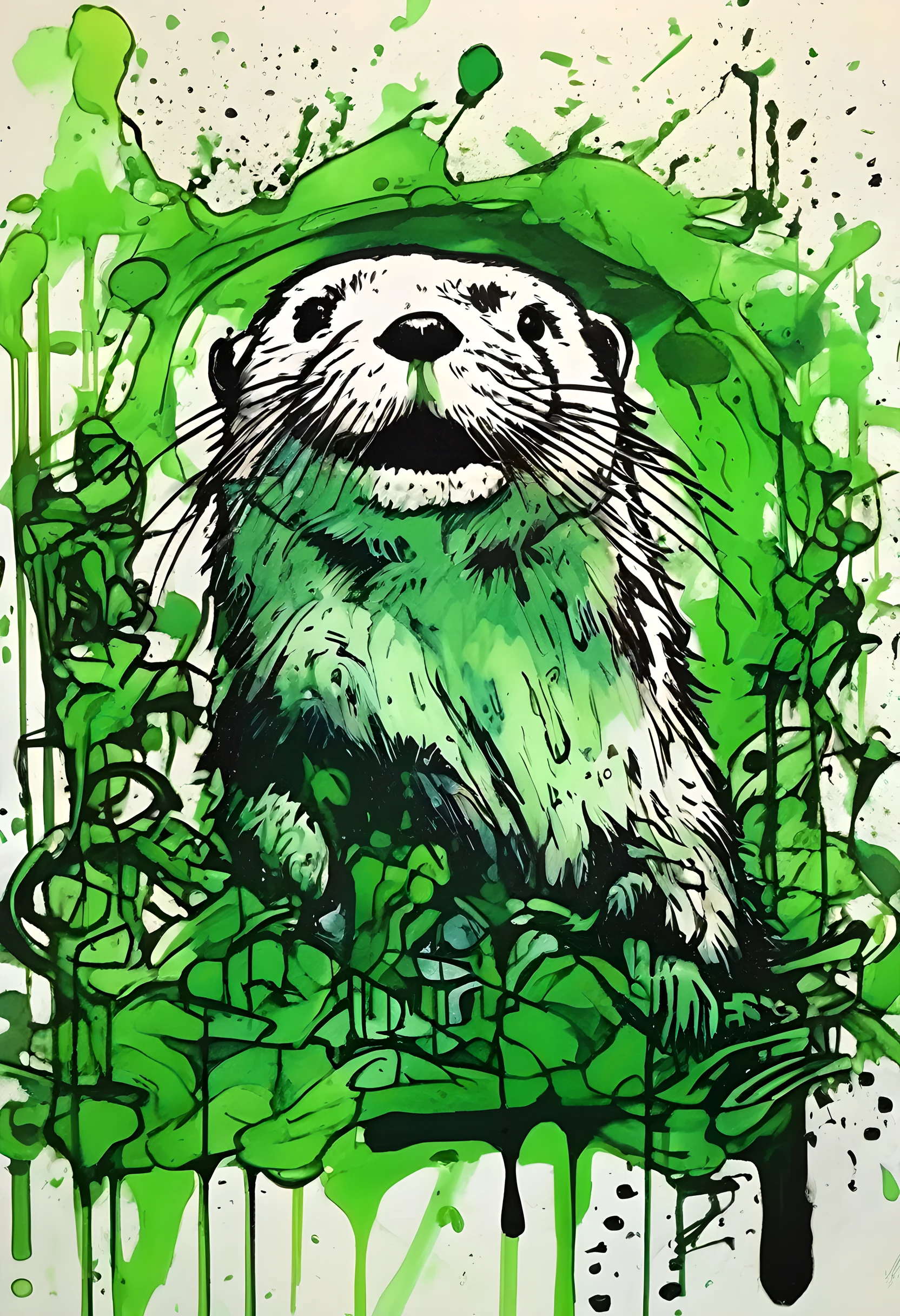 green cartoon Otter, graffiti, scribble, ink