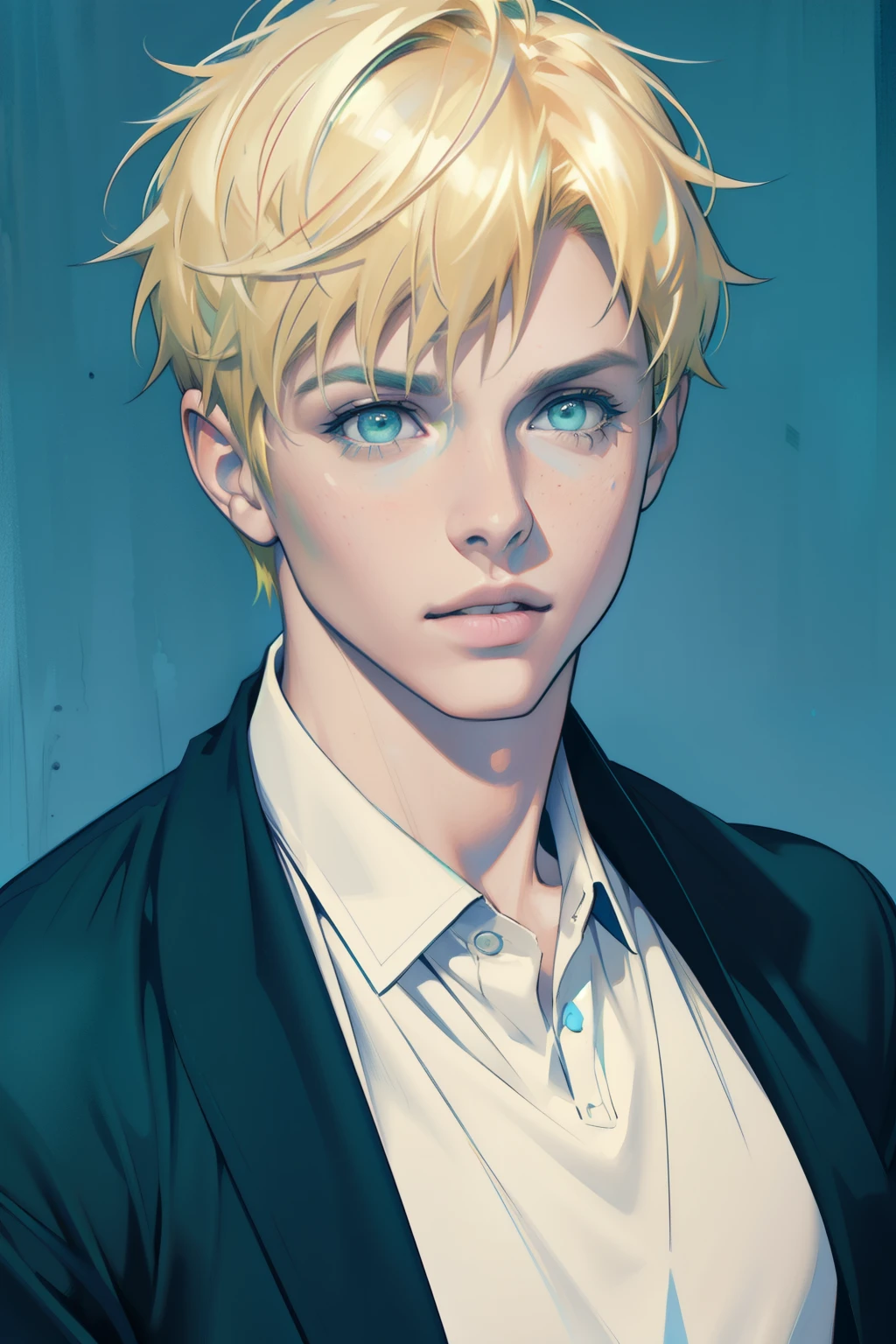 (hombre), (muscular), (wide shoulders), (finely detailed eyes and face), (short hair), (blonde hair), (blue and green eyes), (college student clothes), (illustration), (best quality, 4k, highres, masterpiece:1.2), ultra-detailed, (realistic, photorealistic:1.37), vivid colors, (portrait), (cool color tones), (soft lighting)