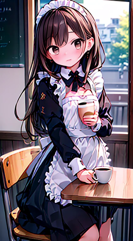 最high quality、Best image quality、masterpiece、With a girl((18-year-old、Maid clothes with open chest、Bust is small、Brown hair、Long Hair、Brown eyes、Open your chest wide、valley、happiness、Black wristband on wrist、Slender、Earrings、The wind is blowing,holding a coffee cup、Close to the audience、Face-to-face with your audience、Please sit down、Cheek resting on hand))high quality、Visual Arts、background((Coffee shop at night、Counter seats、coffee maker))、table(menu、Coffee cup Coffee cup、Sugar bottle、milk),tableトップ、