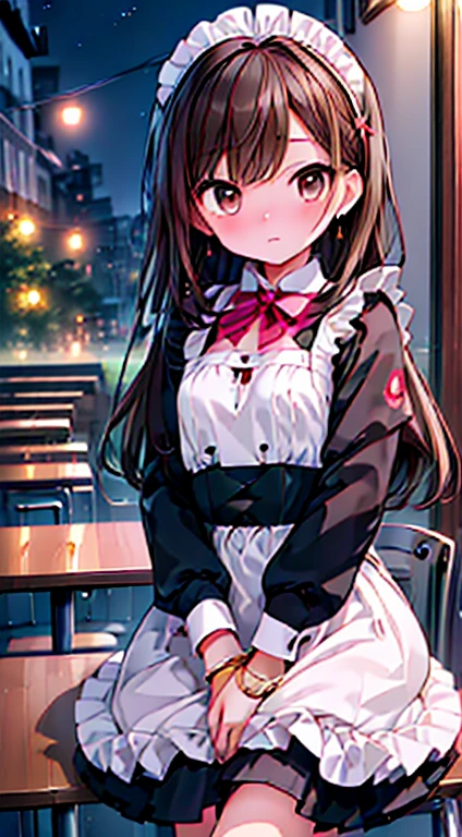 最high quality、Best image quality、masterpiece、With a girl((18-year-old、Maid clothes with open chest、Bust is small、Brown hair、Long Hair、Brown eyes、Open your chest wide、valley、happiness、Black wristband on wrist、Slender、Earrings、The wind is blowing,holding a coffee cup、Close to the audience、Face-to-face with your audience、Please sit down、Cheek resting on hand)）high quality、Visual Arts、background((Coffee shop at night、Counter seats、coffee maker))、table(menu、Coffee cup Coffee cup、Sugar bottle、milk),tableトップ、