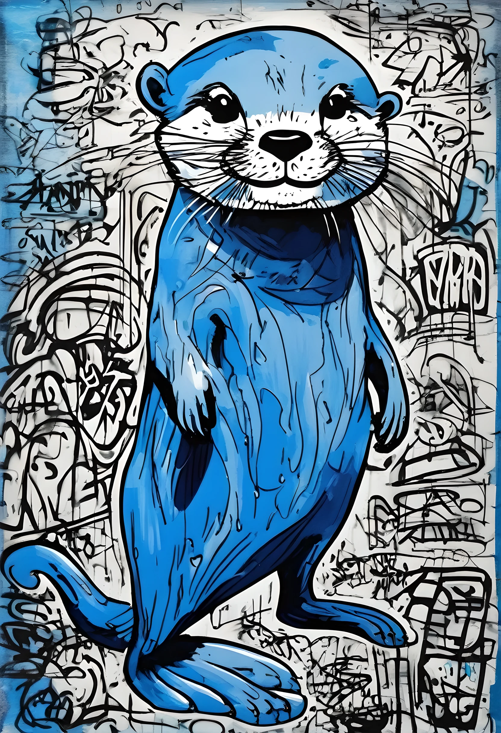 blue cartoon Otter, graffiti, scribble, ink