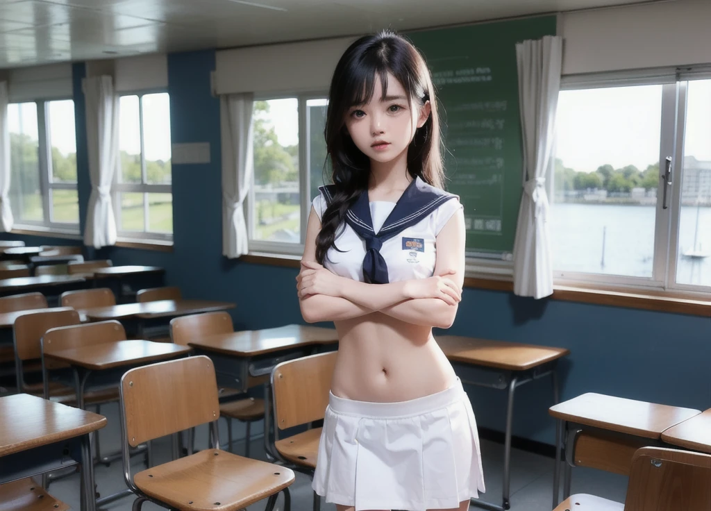 Group of Woman in classroom, ((white crop top sailor suit)), blue student skirts, open navel, open belly, (show abdomen area), ((((arms crossed over chest)))), crying, standing