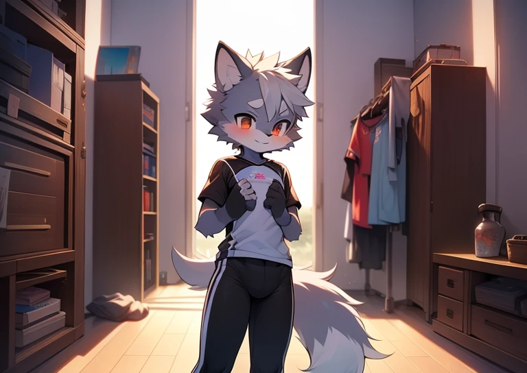 Libido boy,furry wolf,((Shota)), spandex yoga pants, standing, solo, jogging