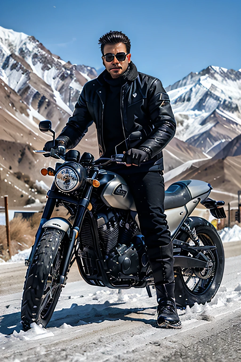 araffe man, handsome man, attractive man, handsome and attractive, handsome male, handsome and elegant, good physic, fit body, lean and muscular, mountain background, on roads of ladakh, mountains covered in snow in background, winter wear, bikers jacket and bikers pants, black biking wear, black boots