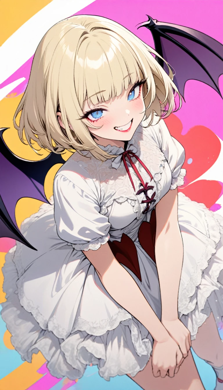best quality, super fine, 16k, incredibly absurdres, extremely detailed, delicate and dynamic, cute and beautiful pretty vampire, big blue eyes, grin, blonde short messy wavy bob cut and bangs, captivating look, aroused expression, wearing white dress with white lace and frills, white short boots, superlative body proportion, big purple wings like a devil or bat, red glossy lips, background on a white cloud and pastel colored dots, pop art