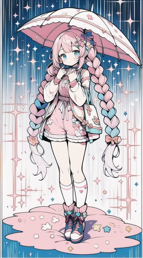 1girl, full body, wearing pink shorts with lace with jean texture, wearing parka in modern style fashion in color yellow,rainy day, foggy, gradient, multicolored hair, long hair in double braided pigtails hairstyle with separated bangs, blue bright eyes, big perfect eyes like diamonds, cute, character design, detailed, anime, official, flowers pattern, pink details with sparkles and brushes, clip studio paint, csp, psd