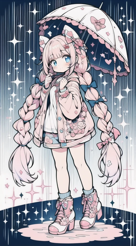 1girl, full body, wearing pink shorts with lace with jean texture, wearing parka in modern style fashion in color yellow,rainy day, foggy, gradient, multicolored hair, long hair in double braided pigtails hairstyle with separated bangs, blue bright eyes, big perfect eyes like diamonds, cute, character design, detailed, anime, official, flowers pattern, pink details with sparkles and brushes, clip studio paint, csp, psd