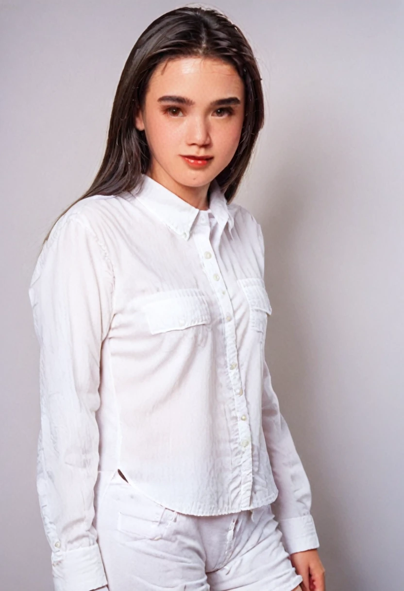 1996 clothing style, twenty year old woman, long dark hair, blank background, 90s clothing, 90s style, 1990s, studio portrait, designer clothing, pretty girl, jen4con4, sophisticated outfit