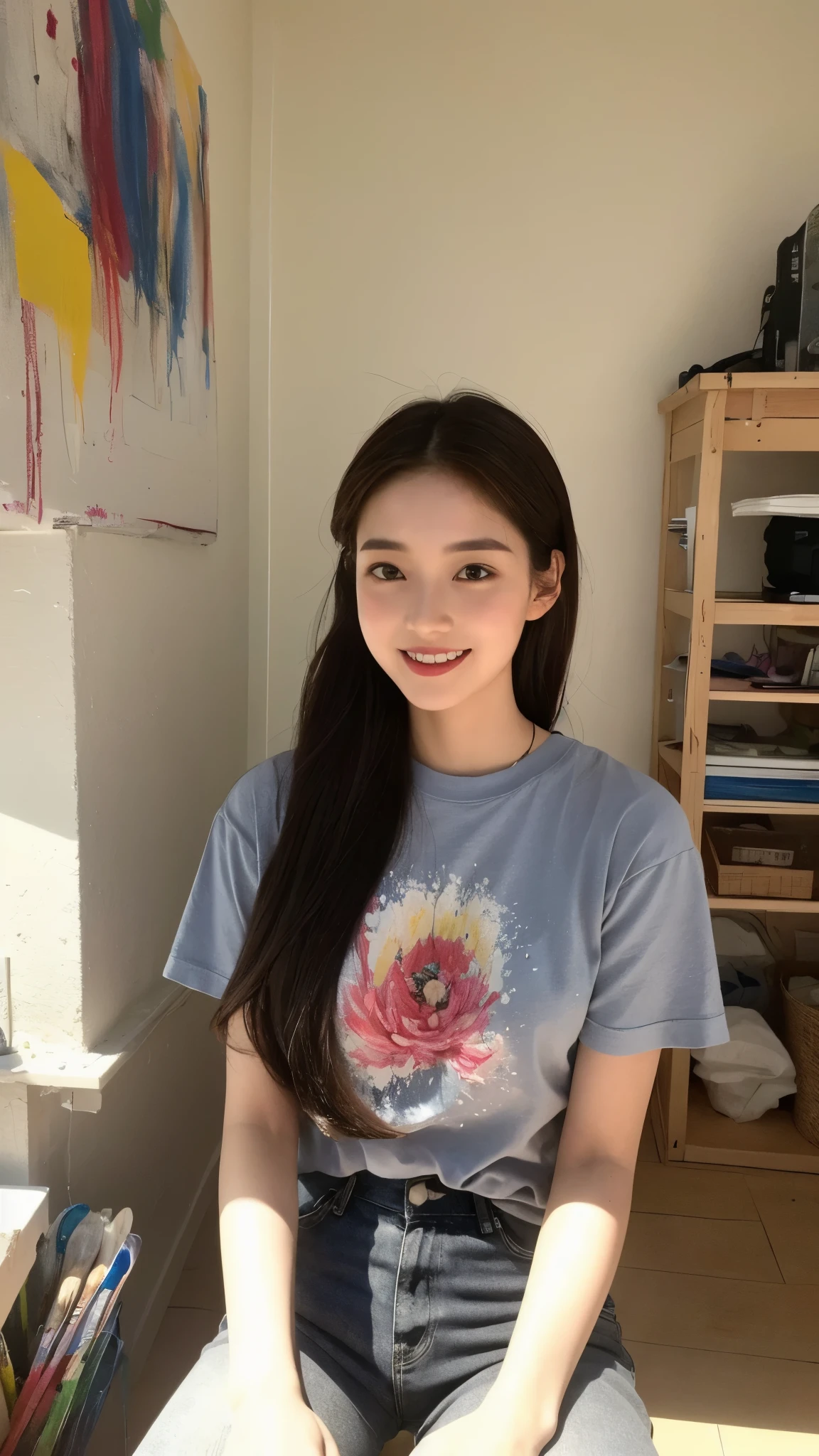 The 22-year-old is sitting on the floor of her cozy apartment, surrounded by paintbrushes and canvases. With her gray eyes shining with excitement, she is immersed in creating a work of art, her pale skin glowing under the soft light of the room.
A playful smile graces her face as she concentrates on her work, applying strokes of paint with skill and passion. Her slim figure leans forward gracefully, showing her dedication to the task at hand.
Her brown hair is pulled back into a messy bun, a few loose strands delicately framing her face. She wears a comfortable t-shirt and loose pants, perfect for moving freely while she unleashes her creativity.
The scene, captured by an ultra-realistic professional camera, emphasizes the intensity of her expressions and the texture of the materials she uses. Every detail, from the brush strokes on the canvas to the nuances of her skin, is shown with stunning clarity.
It is an image that conveys a sense of passion and artistic expression, inviting the viewer to witness creativity in its purest state.