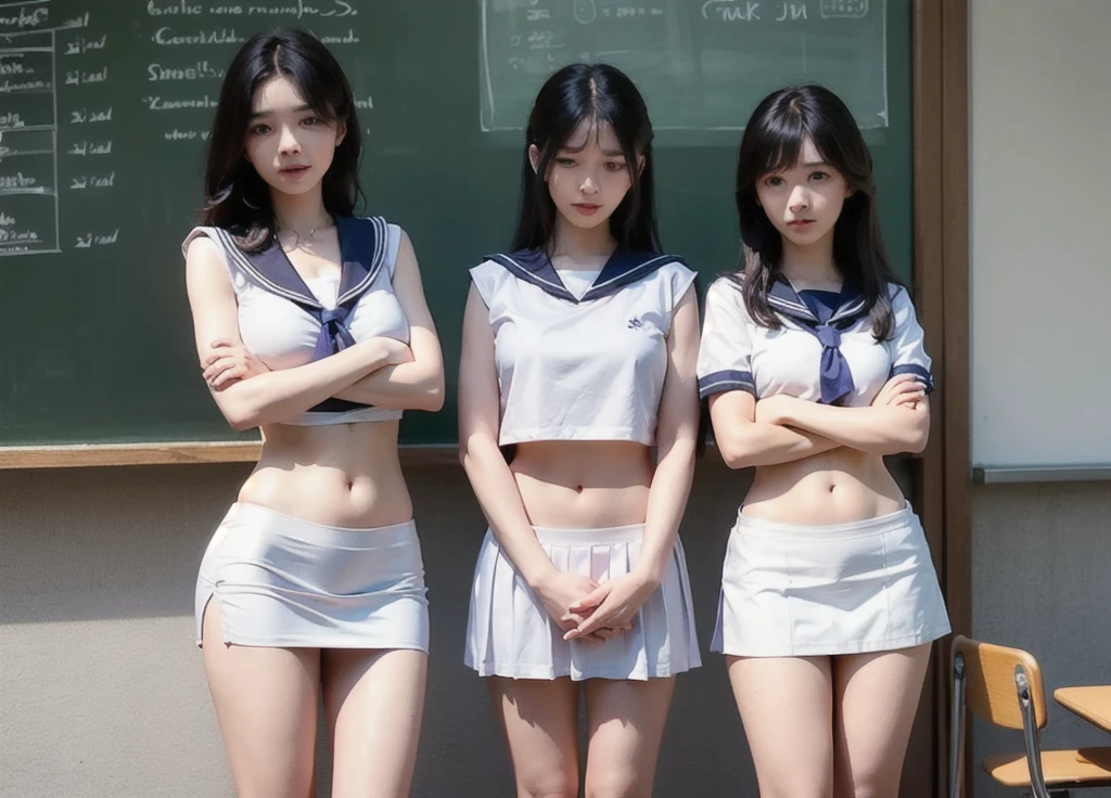 Group of Woman in front of classroom, ((white crop top sailor suit)), blue student skirts, open navel, open belly, (show abdomen area), ((((arms crossed over chest)))), crying, standing