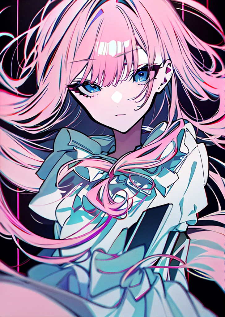 (masterpiece，Best quality，solo，White hair，Watching you，由 banginalistic background，Long sleeve，White Dress，Hair covering the eyes，Light blue eyes，shut your mouth，monochrome，Upper part of the body，Light pink dress，Baby Pink Hair，Frills，Puff sleeves，nail，Tall female high school student，Pink background)