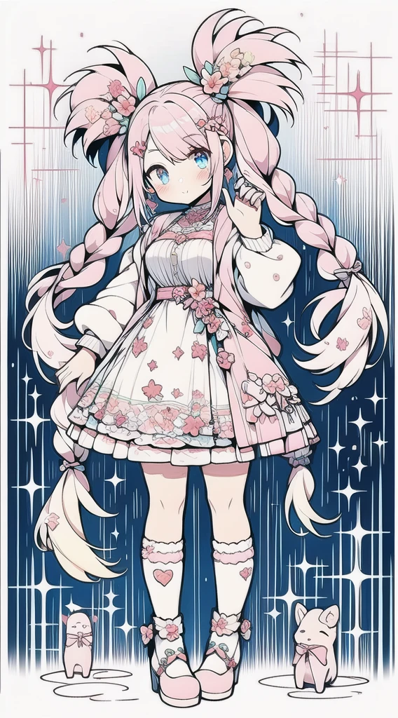 1girl, full body, wearing pink shorts with lace with jean texture, wearing parka in modern style fashion in color yellow,rainy day, foggy, gradient, multicolored hair, long hair in double braided pigtails hairstyle with separated bangs, blue bright eyes, big perfect eyes like diamonds, cute, character design, detailed, anime, official, flowers pattern, pink details with sparkles and brushes, clip studio paint, csp, psd