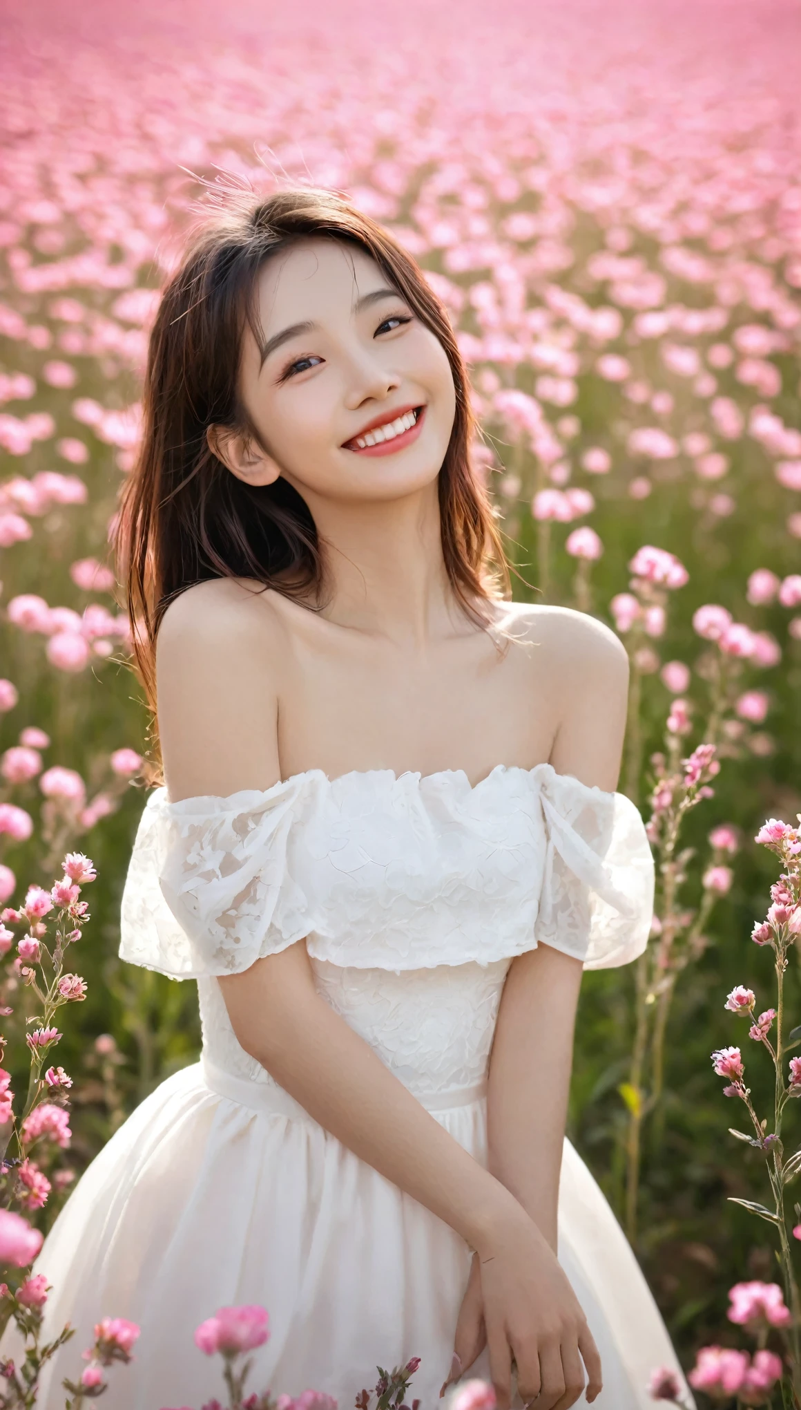 best quality, masterpiece, Ultra-high resolution (Reality: 1.4), original photo, 1 girl, White Dress, Bare shoulders, Blooming pink flower field, glowing skin, Smile