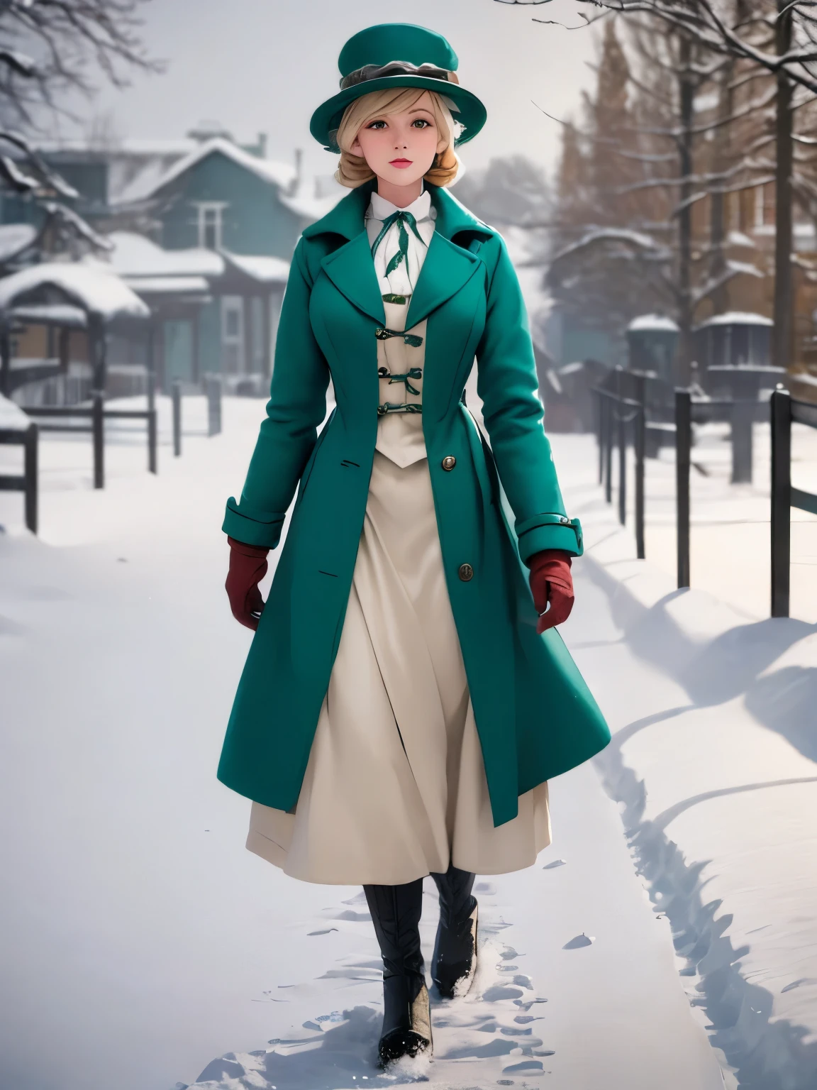 woman in green coat and hat standing in snow covered area, standing in the snow, in the snow, dressed like in the 1940s, stylish coat for a rave, victorian style costume, in snow, ww2 era, victorian inspired clothing, full body:: snow outside::, with teal clothes, copper and deep teal mood, gothic coat