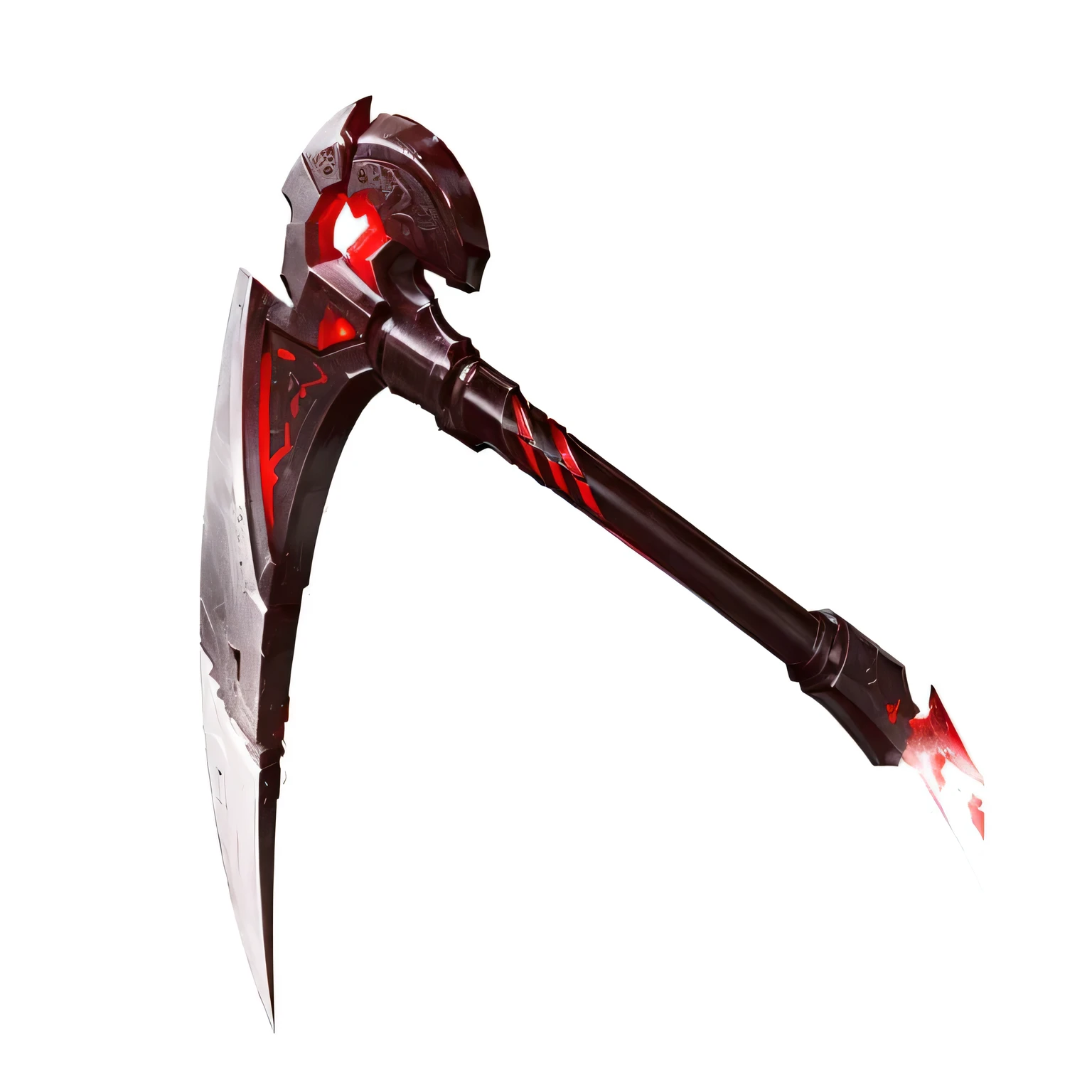 a close up of a large deep red and black weapon with a red light, pickaxe, fantasy grim reaper scythe, hammer weapon, an elemental axe, scythe, polearm, scythe design, high tech axe, scythe, battle ax , huge scythe, gun glaive, battle axe, reaper's blade weapon, scythe