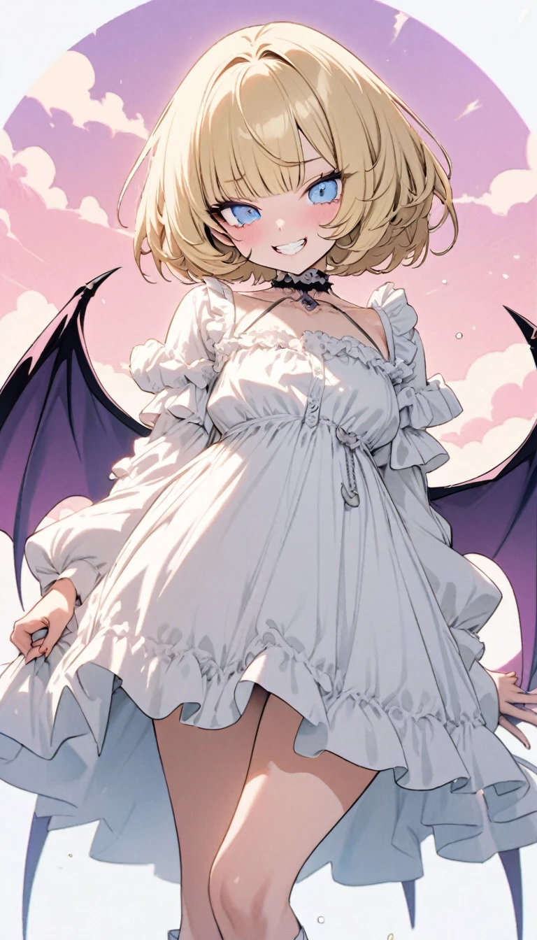 best quality, super fine, 16k, incredibly absurdres, extremely detailed, delicate and dynamic, cute and beautiful pretty vampire, big blue eyes, grin, blonde short messy wavy bob cut and bangs, captivating look, aroused expression, wearing white dress with white lace and frills, white short boots, superlative body proportion, big purple wings like a devil or bat, red glossy lips, background on a white cloud and pastel colored dots, pop art