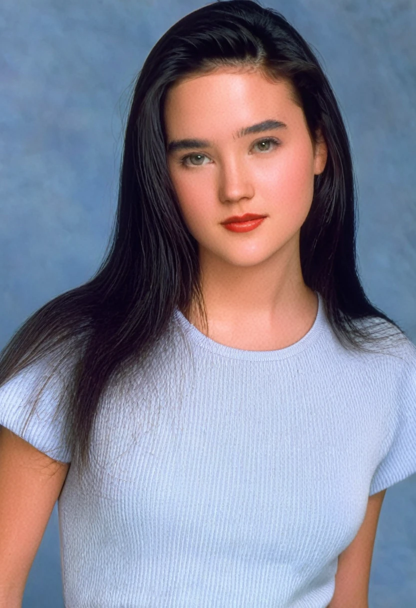 1996 clothing style, twenty year old woman, long dark hair, blank background, 90s clothing, 90s style, 1990s, studio portrait, designer clothing, pretty girl, jen4con4, sophisticated outfit