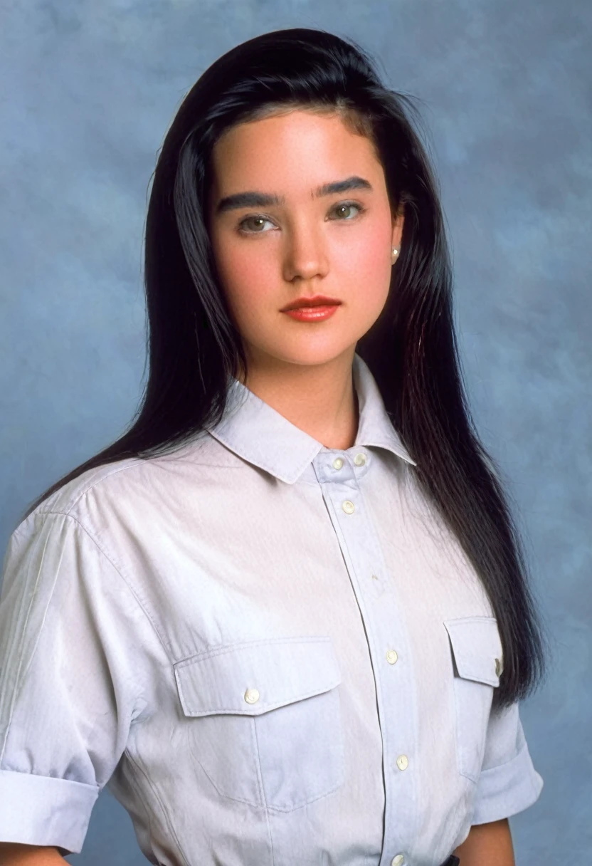 1996 clothing style, twenty year old woman, long dark hair, blank background, 90s clothing, 90s style, 1990s, studio portrait, designer clothing, pretty girl, jen4con4, sophisticated outfit