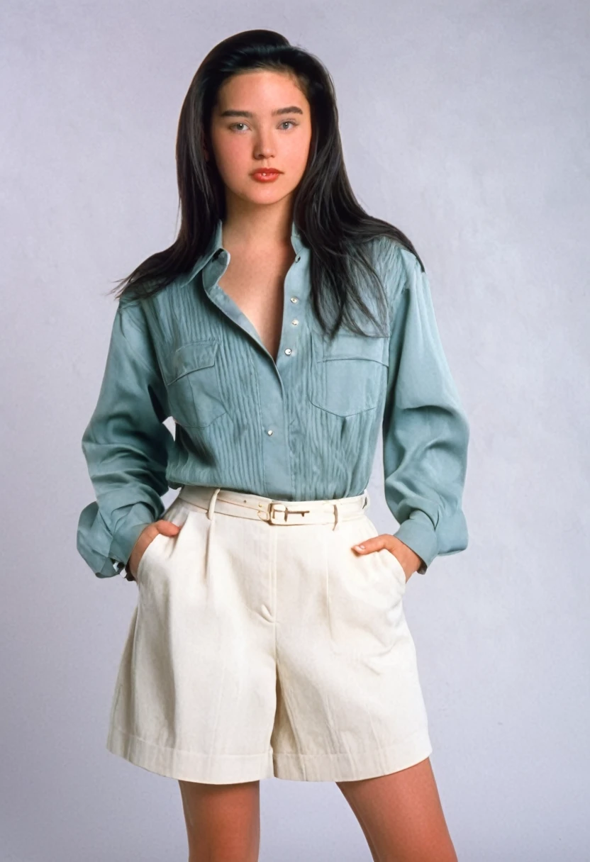 1996 clothing style, twenty year old woman, long dark hair, blank background, 90s clothing, 90s style, 1990s, studio portrait, designer clothing, pretty girl, jen4con4, sophisticated outfit