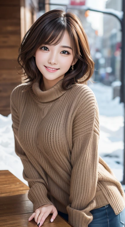 Tabletop、highest quality、figure、 Very detailed、In detail、 High resolution、8k wallpaper、Perfect dynamic composition、Cute 27 year old girl、Beautiful face in every detail、Detailed and cute eyes、Textured skin、Wavy short hair、A modest smile、Small breasts、Bold sexy pose、Winter casual wear、