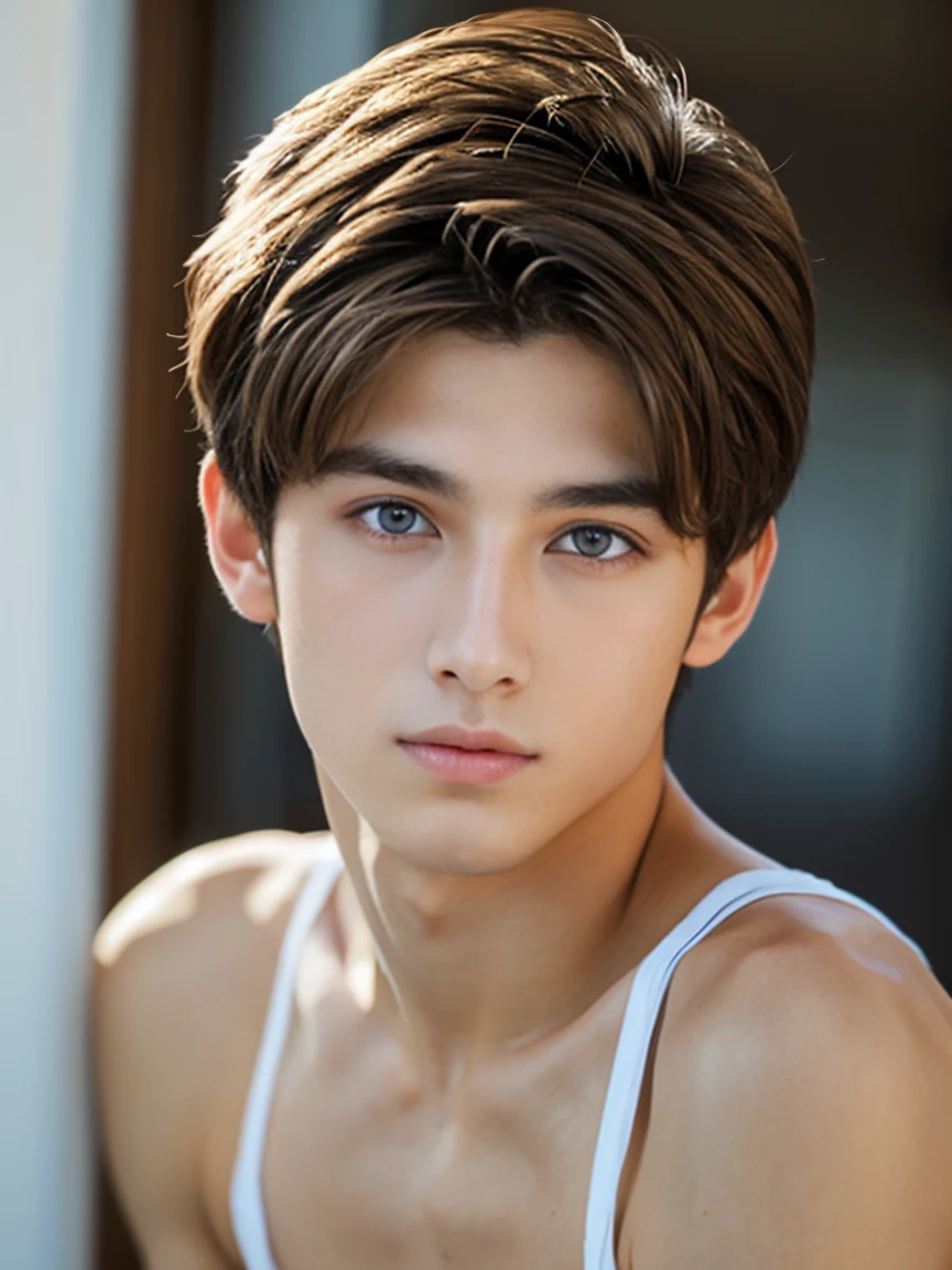 A beautiful 22 year old boy, totalmente desnudo, cuerpo completo, pene completamente erecto, piel blanca, brown hair, ojos azules, gran escroto inflado