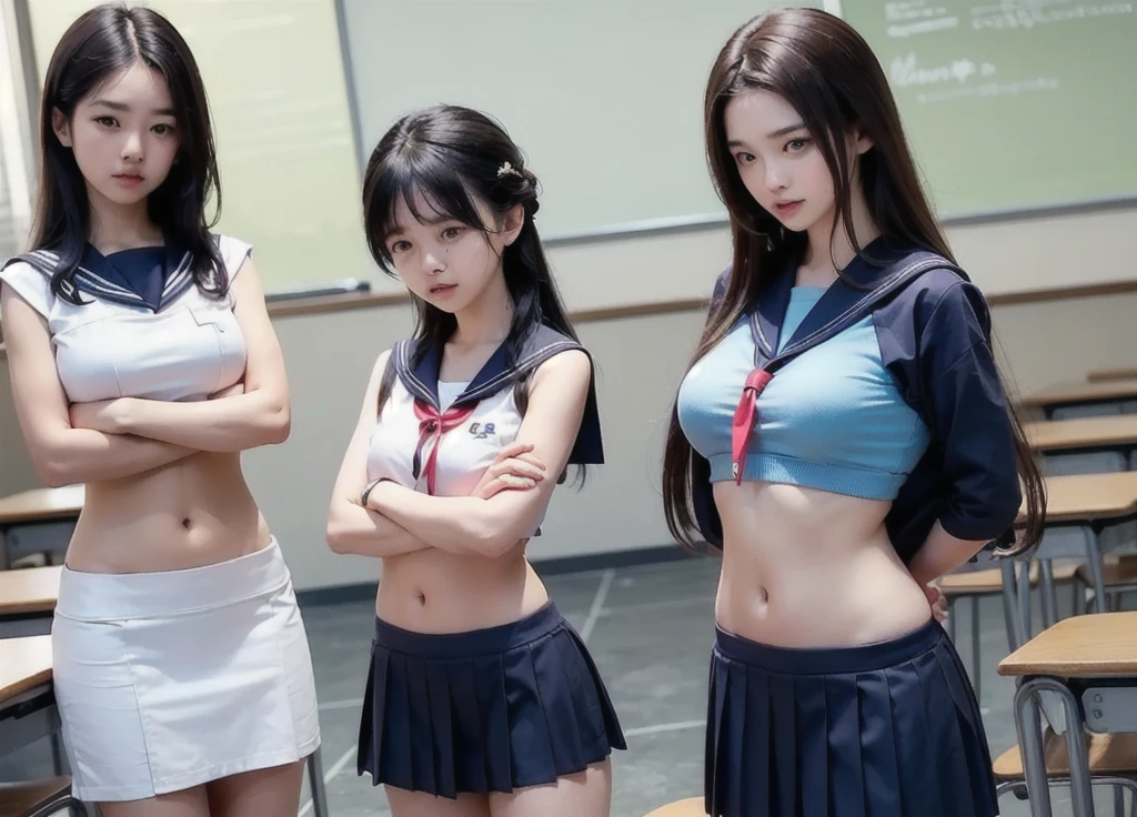 Group of Woman in front of classroom, ((white crop top sailor suit)), blue student skirts, open navel, open belly, (show abdomen area), ((((arms crossed over chest)))), crying, standing , (ready for punishment)