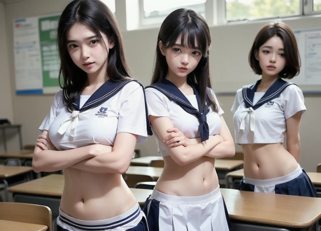 Group of Woman in front of classroom, ((white crop top sailor suit)), blue student skirts, open navel, open belly, (show abdomen area), ((((arms crossed over chest)))), crying, standing , (ready for punishment)