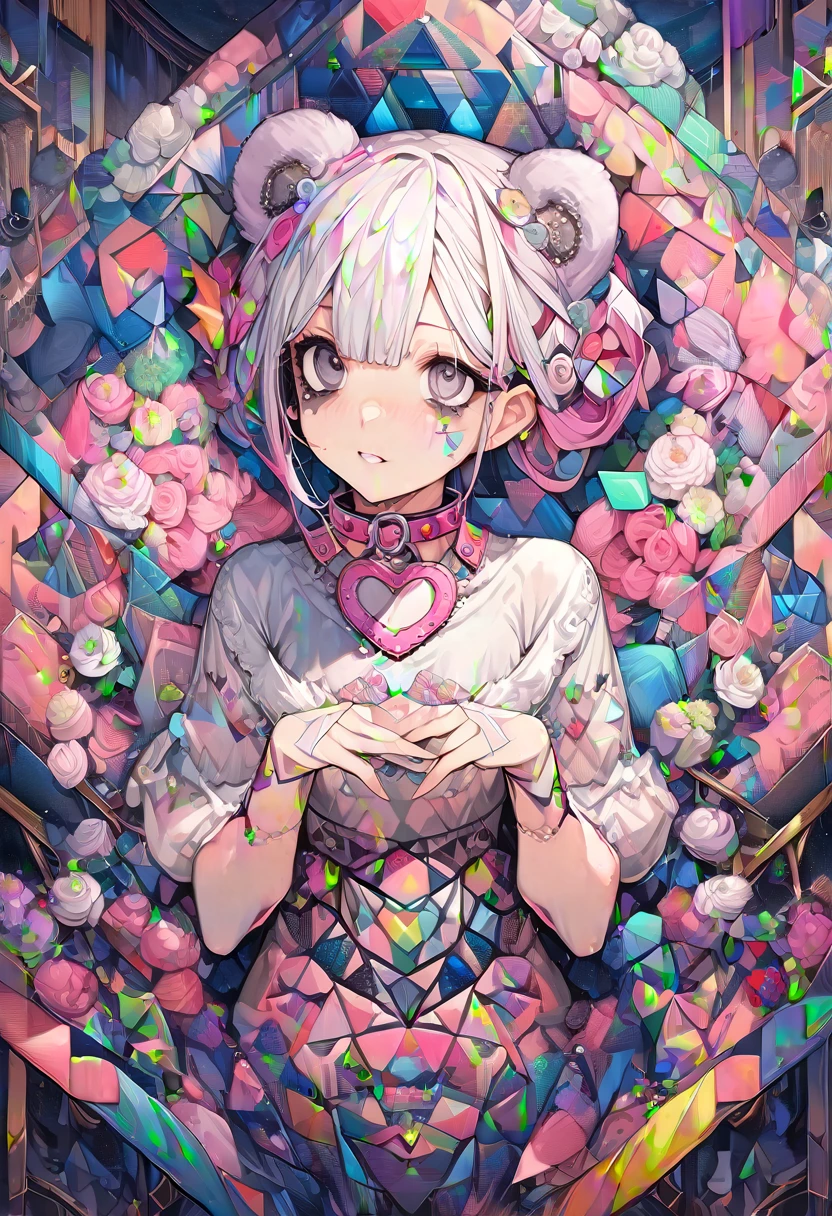 ,Beautiful flowers々),Moles under the eyes, heart shaped collar, (masterpiece, best quality), official art, Beautiful and beautiful: 1.2), (1 girl), Very detailed, (geometric art: 1.3), rich and colorful、Pink Bob Hairstyle、Bear ears、 whole body