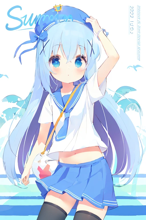 Anime Girl with blue hair and a sailor hat on a beach, Anime cute art style, cute Anime Girl, (Anime Girl), Soft anime illustration, , young Anime Girl, Anime Girl, pretty Anime Girl, Cute anime, Anime visuals of cute girls, Zero Fashion Art, Tsien, Micudayo, 2D anime style