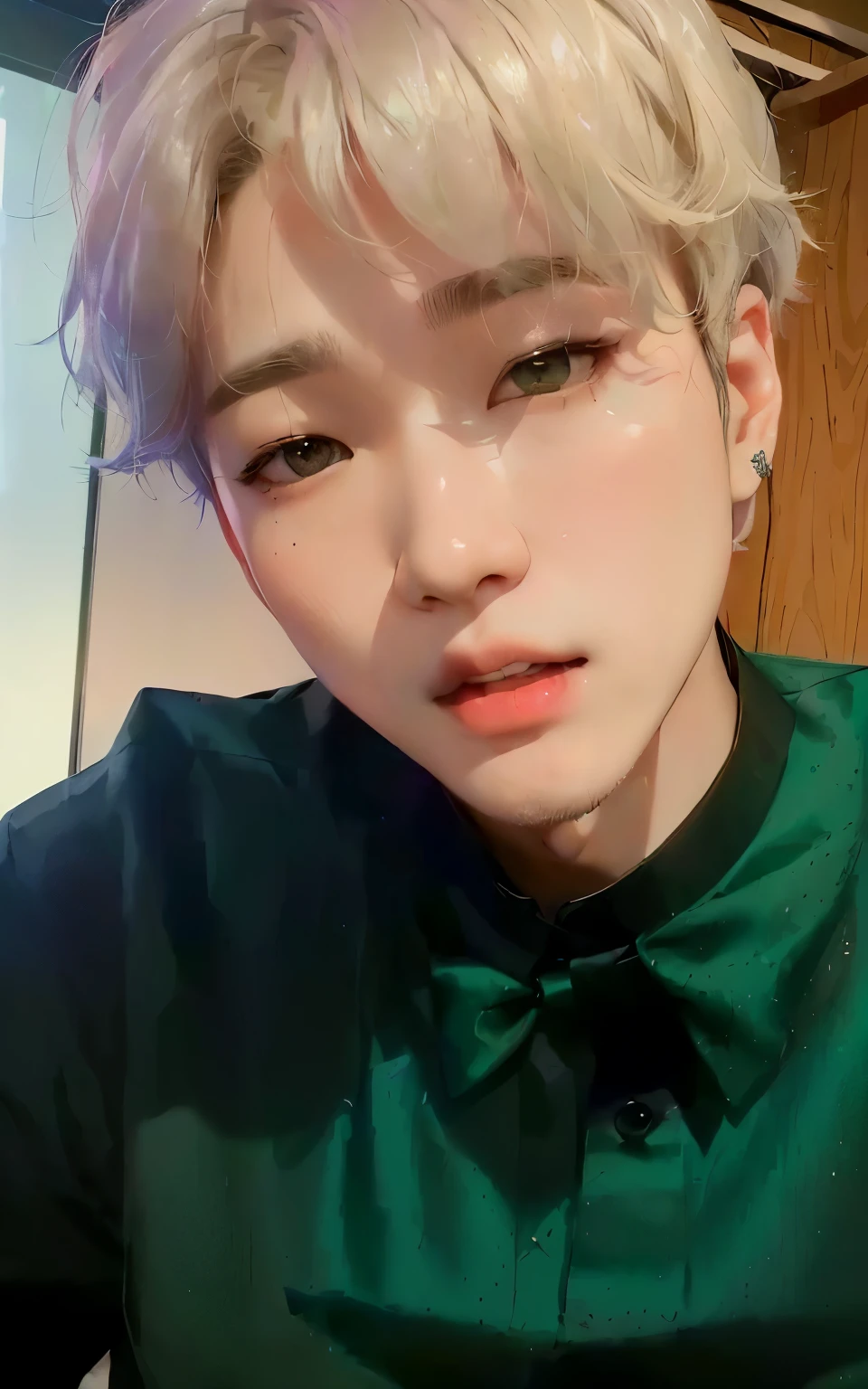arafed photo of a boy in a green shirt and a black bow tie, jungkook, yoongi de pelo negro, hyung tae, Jimin, Jimin\his right eyelid is swollen, kim taejin, headshot foto de perfilture, inspirado en jeonseok lee, diez lee, BTS, park Jimin, cai xukun, jinyoung shin, foto de perfil, pale korean adorable face, BTS SUGA, SUGA BTS, YOONGI BTS, BTS YOONGI, angelic face, pretty face, angelic eyes