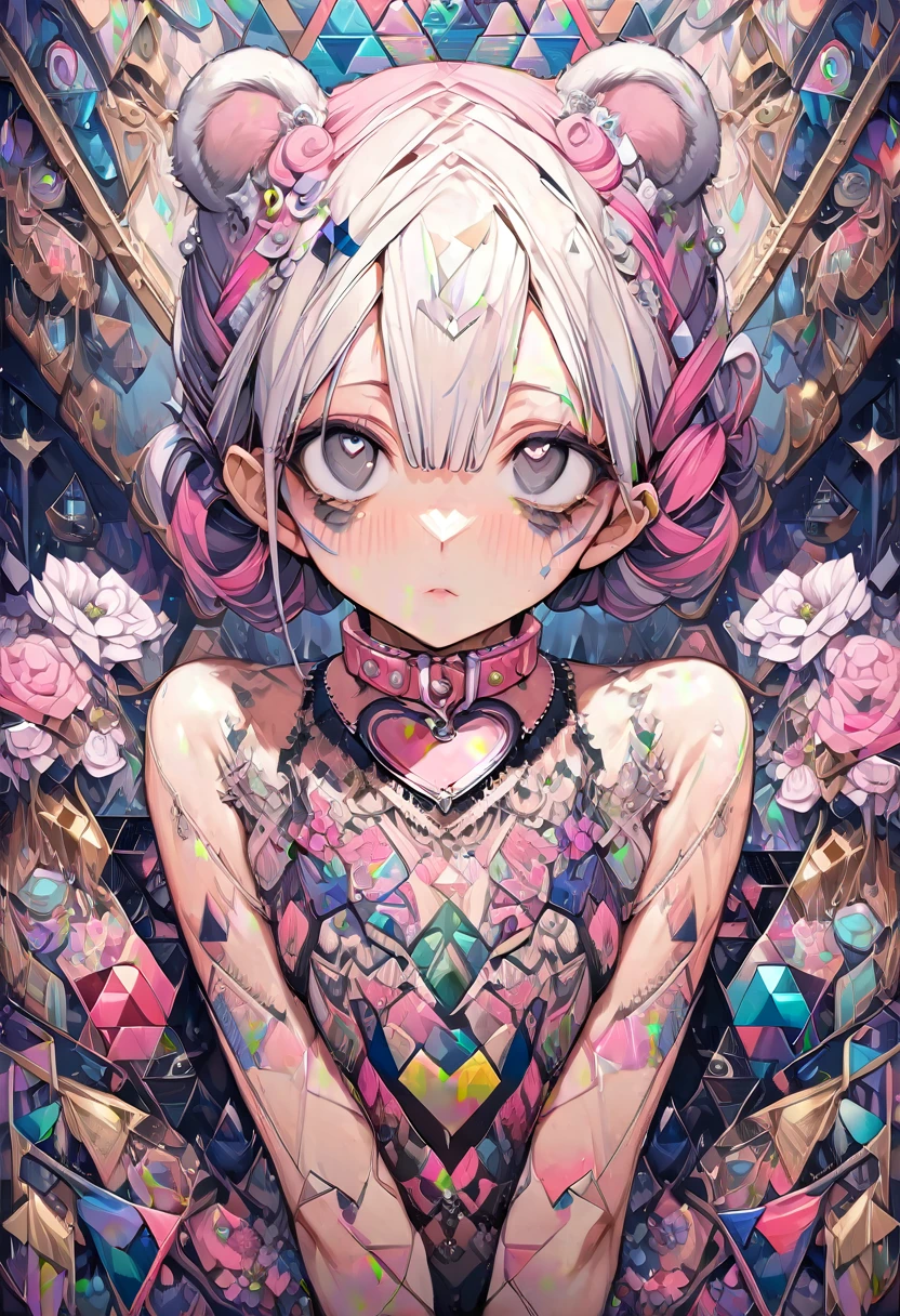 ,Beautiful flowers々),Moles under the eyes, heart shaped collar, (masterpiece, best quality), official art, Beautiful and beautiful: 1.2), (1 girl), Very detailed, (geometric art: 1.3), rich and colorful、Pink Bob Hairstyle、Bear ears、 whole body
