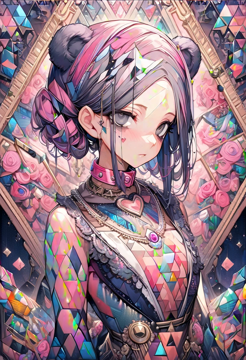 ,Beautiful flowers々),Moles under the eyes, heart shaped collar, (masterpiece, best quality), official art, Beautiful and beautiful: 1.2), (1 girl), Very detailed, (geometric art: 1.3), rich and colorful、Pink Bob Hairstyle、Bear ears、 whole body