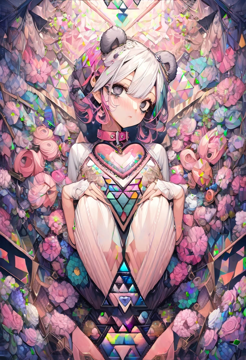 ,Beautiful flowers々),Moles under the eyes, heart shaped collar, (masterpiece, best quality), official art, Beautiful and beautiful: 1.2), (1 girl), Very detailed, (geometric art: 1.3), rich and colorful、Pink Bob Hairstyle、Bear ears、 whole body