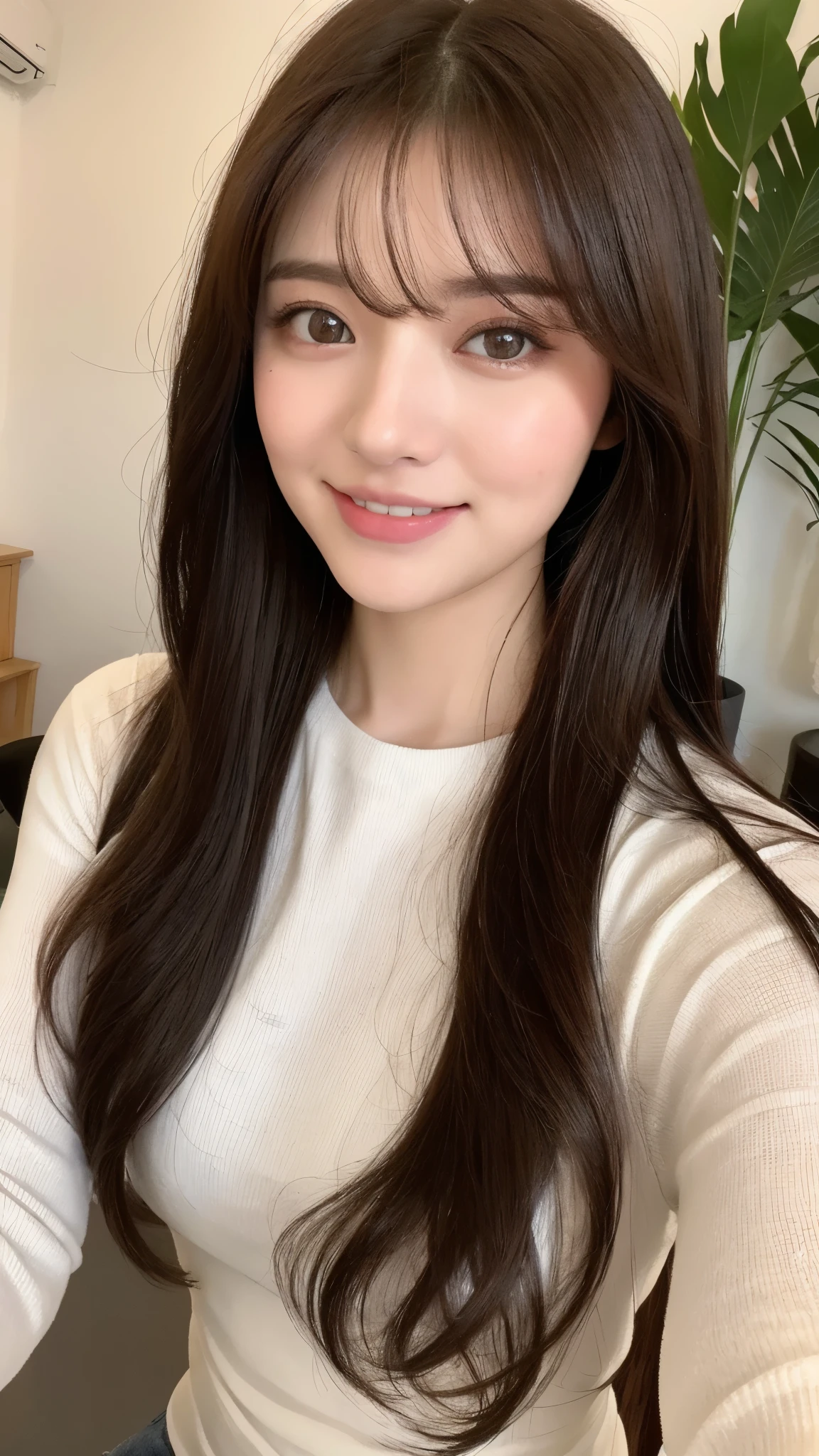 22 year old girl, con ojos grises, piel blanca palida, figura delgada, sonriendo, pelo color cafe, comiendo ricos dulces saborea, foto tomada con camara profesional ultrarealista