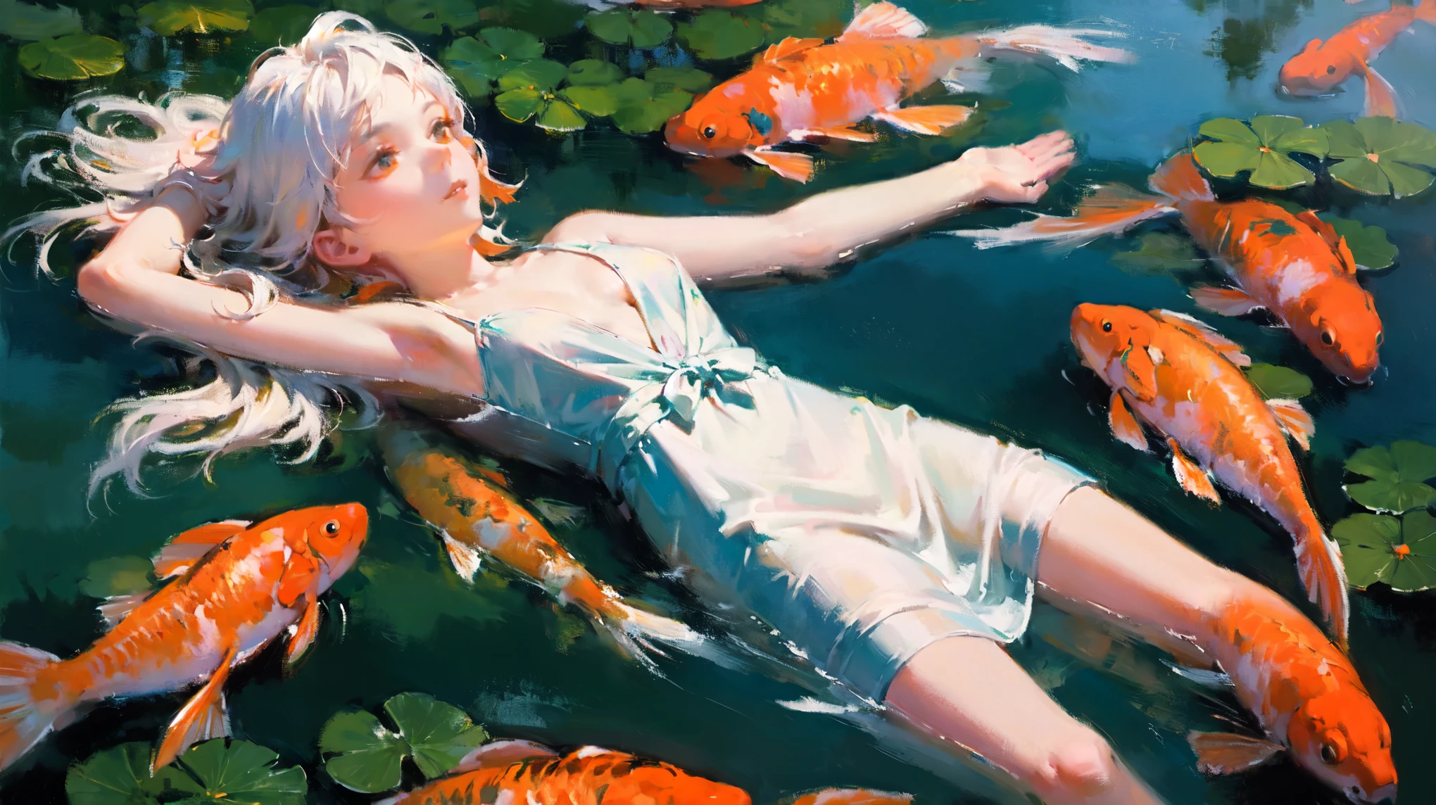 (best quality, oil painting, high detail:1.2), top down view, body submerged into water, clear water, girl laying down in a pond, surrounded by koi fish, vibrant colors, blue and orange color palette, breathtaking scene, sunny atmosphere, white dress, white hair, caustics reflecting on the water surface
