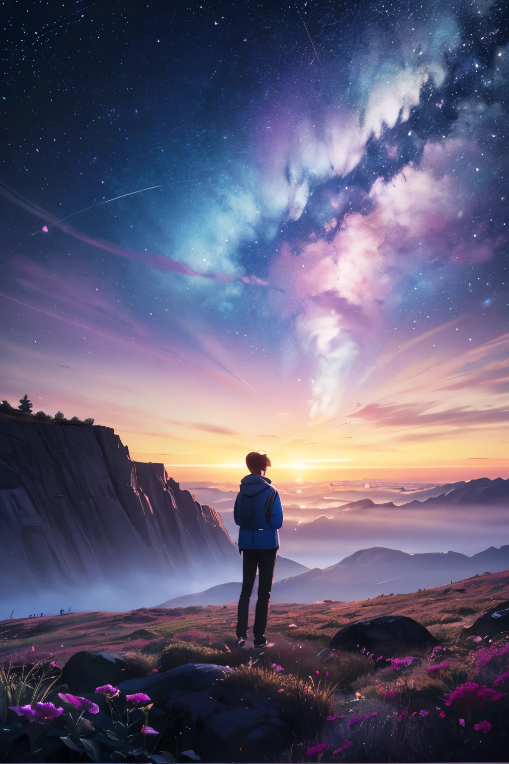 Create the image of an album cover inspired by Porter Robinson's 'Worlds' album cover, in manga style, with pink and blue hues. suggestive, pixel art

In the bottom right corner, the album title "Celestial Dreams" is elegantly written in stylized characters, shimmering with its own light that reflects onto the surrounding landscape

Aspect Ratio: 1:1 (Perfect square)
Resolution:  1600 x 1600 pixels in size
Best quality RGB Color Mode