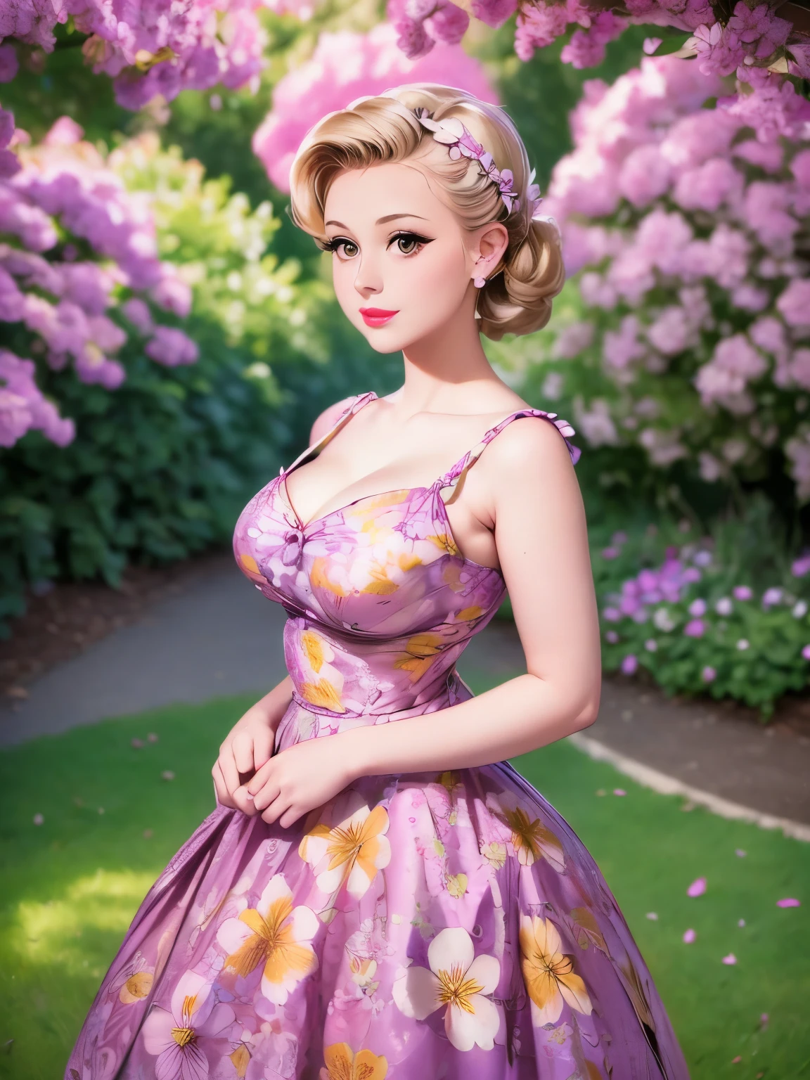 arafed woman in a floral dress leaning against a tree, pinup style, dressed in a flower dress, 50s style, 5 0 s style, elegant pose, retro 5 0 s style, 1 9 5 0 s style, beautiful pose, glamorous pose, flower dress, lady with glowing flowers dress, floral art novuea dress, floral!