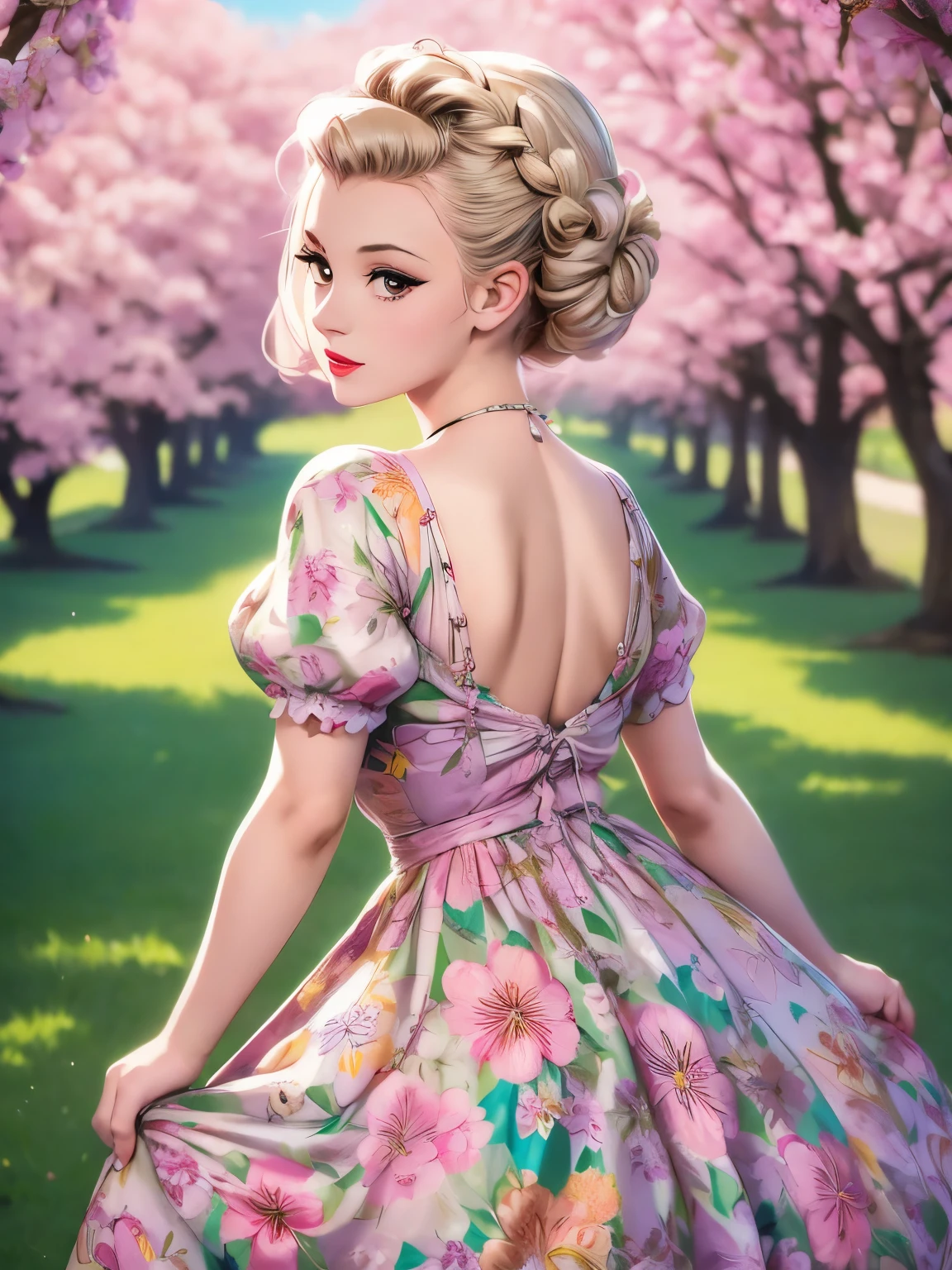 arafed woman in a floral dress leaning against a tree, pinup style, dressed in a flower dress, 50s style, 5 0 s style, elegant pose, retro 5 0 s style, 1 9 5 0 s style, beautiful pose, glamorous pose, flower dress, lady with glowing flowers dress, floral art novuea dress, floral!