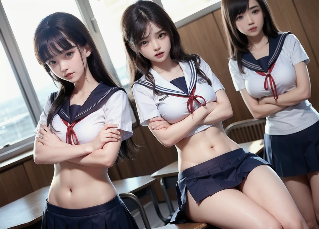 Group of Woman in front of classroom, ((white crop top sailor suit)), blue student skirts, open navel, open belly, (show abdomen area), ((((arms crossed over chest)))), crying, standing , (ready for punishment)