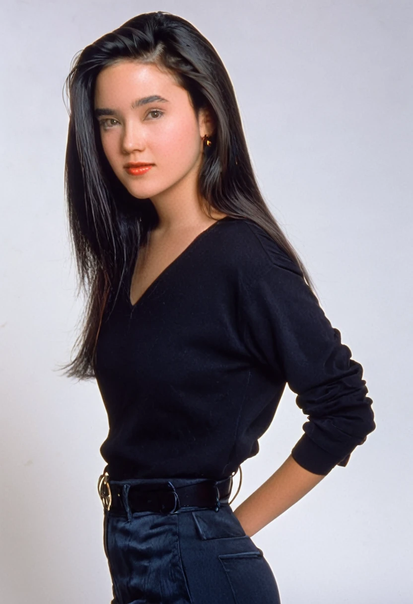 1996 clothing style, twenty year old woman, long dark hair, blank background, 90s clothing, 90s style, 1990s, studio portrait, designer clothing, pretty girl, jen4con4, sophisticated outfit