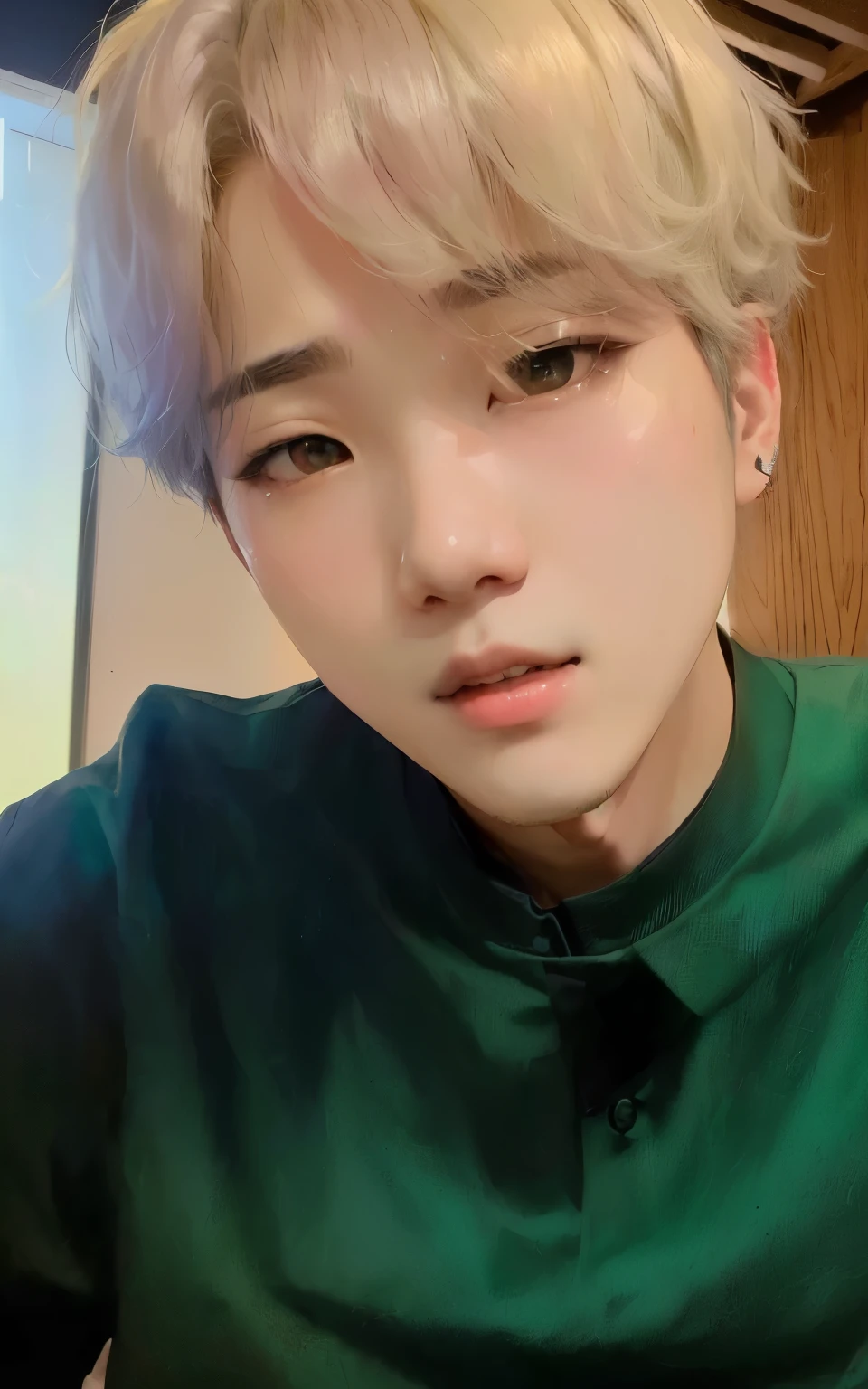 arafed photo of a boy in a green shirt and a black bow tie, jungkook, yoongi de pelo negro, hyung tae, Jimin, Jimin\his right eyelid is swollen, kim taejin, headshot foto de perfilture, inspirado en jeonseok lee, diez lee, BTS, park Jimin, cai xukun, jinyoung shin, foto de perfil, pale korean adorable face, BTS SUGA, SUGA BTS, YOONGI BTS, BTS YOONGI, angelic face, pretty face, angelic eyes