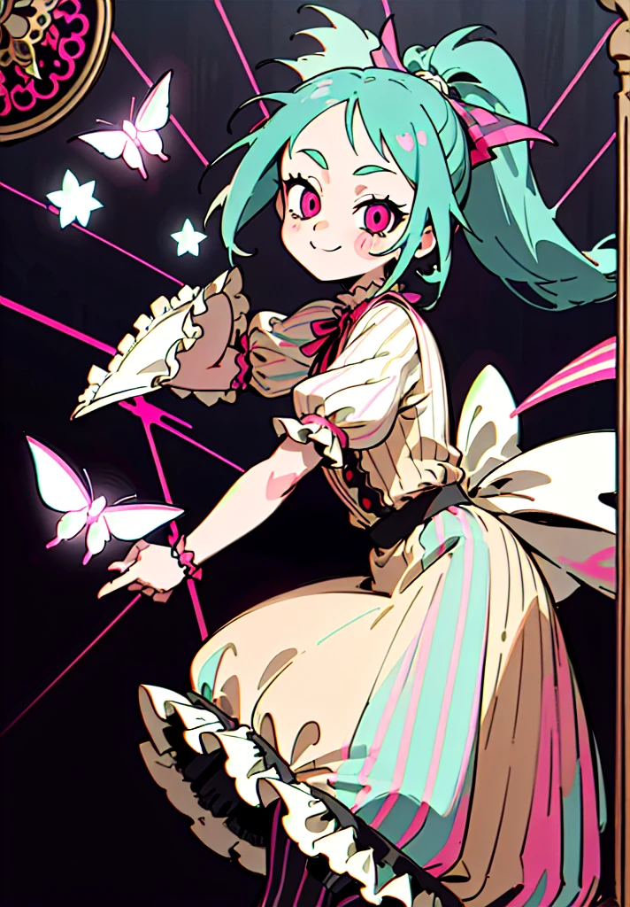 ((Dynamic Angle)), ((Change)), (child), ((solo)), (canny smile), (turquoise hair), (ponytail), (Pink Eyes), (((moth))), (Gothic dress), (ta dress), (Vintage dress), (Black skirt), (Frills), (Beige frills;), (bow), ((Crimson details)), (((vertical stripes))), ((Clock face in the background)), (library), ((Thick outline)), ((White outline))