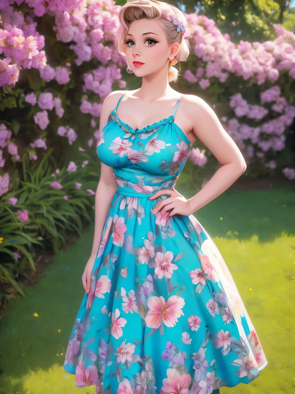 arafed woman in a floral dress leaning against a tree, a portrait by Evaline Ness, tumblr, arabesque, pinup style, dressed in a flower dress, 5 0 s style, 50s style, elegant pose, retro 5 0 s style, 1 9 5 0 s style, beautiful pose, glamorous pose, flower dress, lady with glowing flowers dress