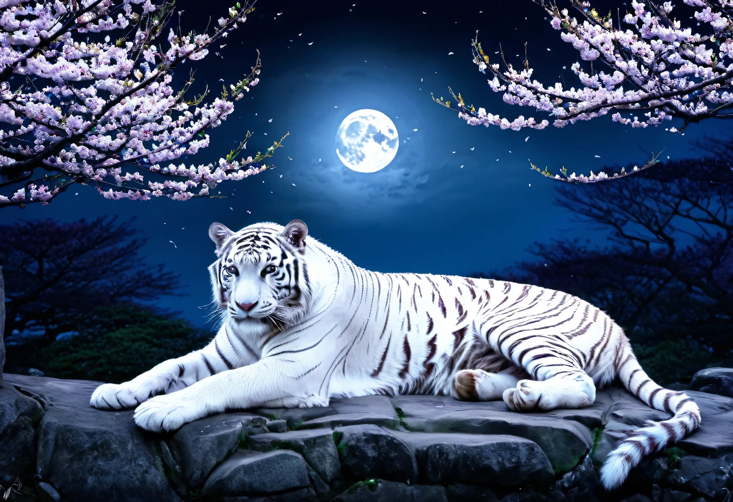 mysterious、White Tiger、moon、night、cherry blossoms