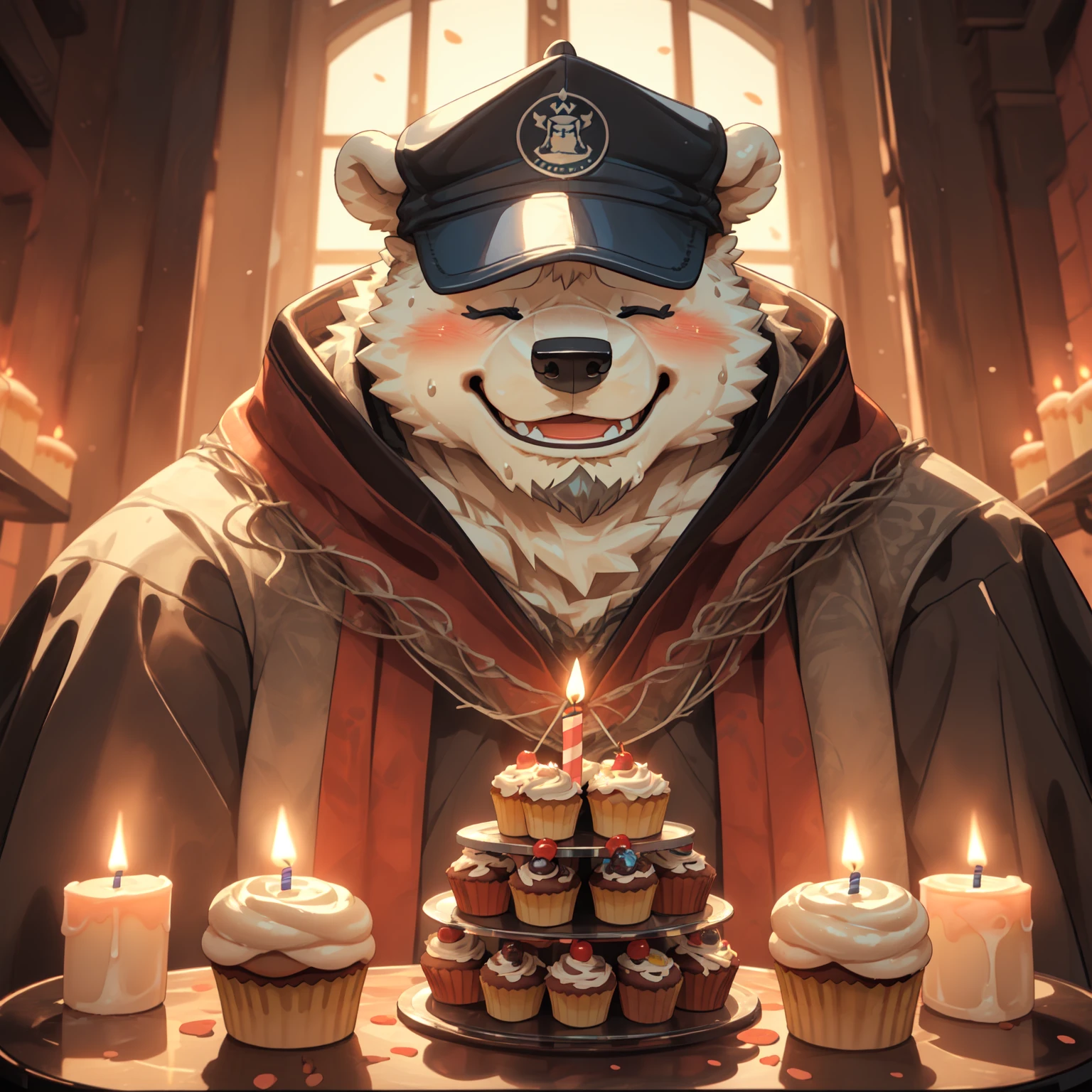新泽西5hairy,polar bear,Exquisite,open mouth,(Knight clothing, Cherry red long cape), (close up:1.5), (Holding delicious cupcakes with candles), (Birthday cap), (Close your eyes and blink:1.5), Generous smile, Happy, (Front view:1.5), (Red Cliff:1.2) (premium quality, Stunning details:1.25), (only:1.3), Bright colored pigments), indoors,sweat, blush,Oily ,Solitary,Chubby,Fat,Thick arms,Rugged muscles,White plush fur,Chubby脸,Black eyebrows,Sky blue eyes,(Beard),Cover, high resolution, top quality, best quality, Beast field, hairy, best quality, detailed.